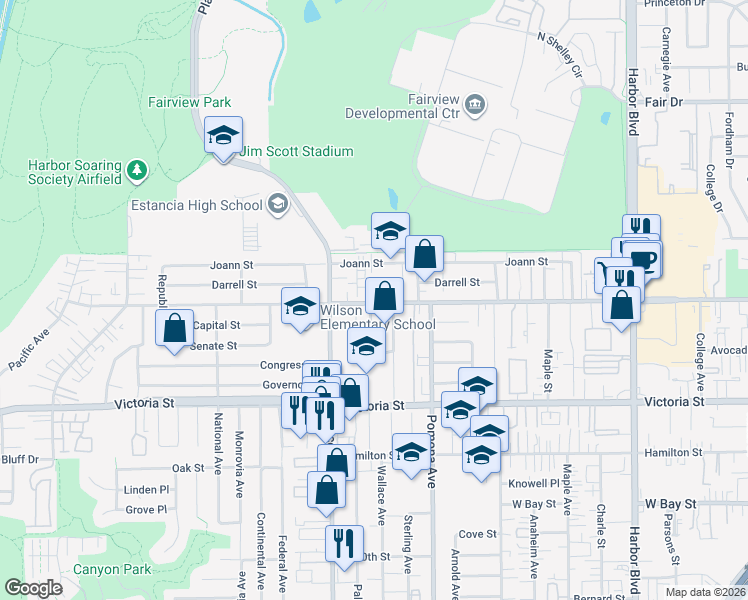 map of restaurants, bars, coffee shops, grocery stores, and more near 766 West Wilson Street in Costa Mesa