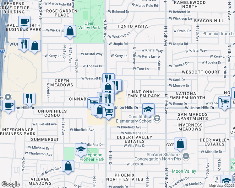 map of restaurants, bars, coffee shops, grocery stores, and more near 18631 North 19th Avenue in Phoenix