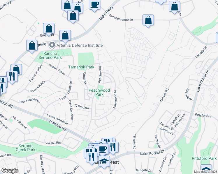 map of restaurants, bars, coffee shops, grocery stores, and more near 21131 Gladiolos Way in Lake Forest