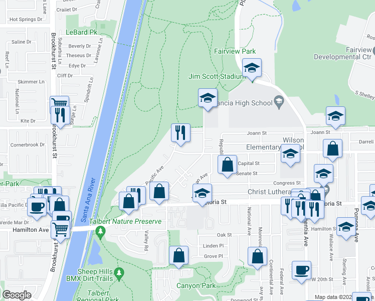 map of restaurants, bars, coffee shops, grocery stores, and more near 1026 West Wilson Street in Costa Mesa