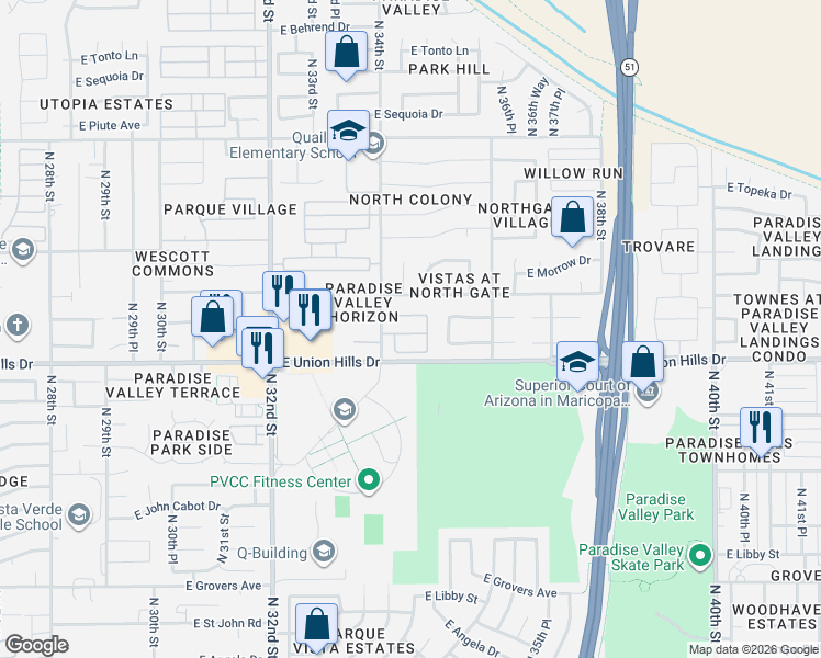 map of restaurants, bars, coffee shops, grocery stores, and more near 3432 East Jason Drive in Phoenix