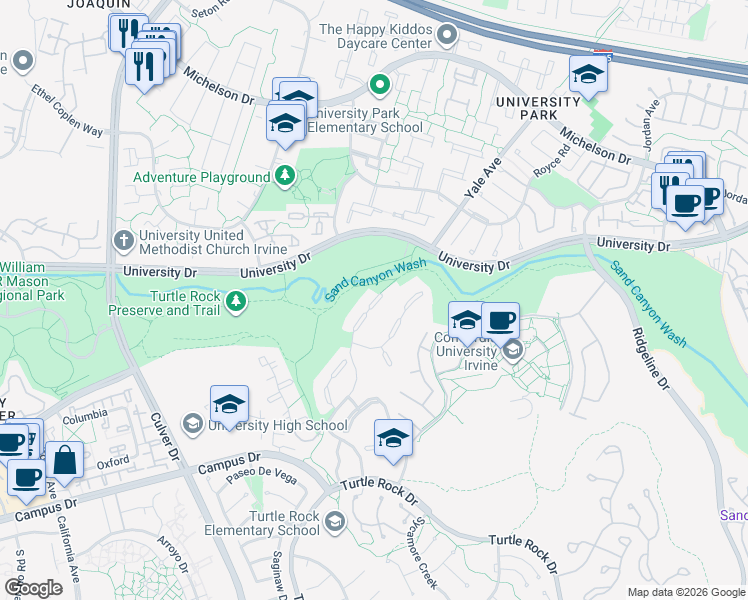 map of restaurants, bars, coffee shops, grocery stores, and more near 21 Valley View in Irvine