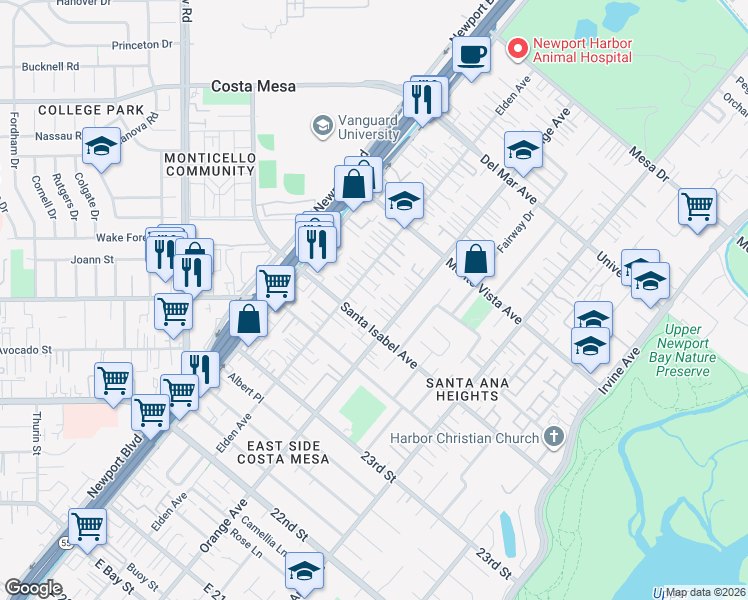 map of restaurants, bars, coffee shops, grocery stores, and more near 2400 Elden Avenue in Costa Mesa