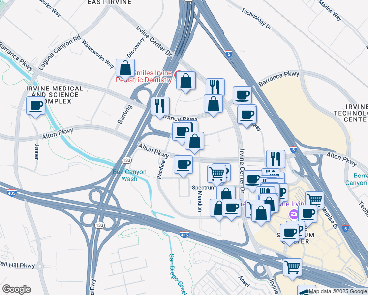 map of restaurants, bars, coffee shops, grocery stores, and more near 15635 Alton Parkway in Irvine