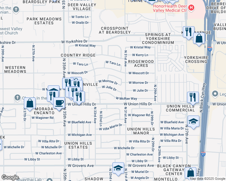 map of restaurants, bars, coffee shops, grocery stores, and more near 3149 West McRae Way in Phoenix