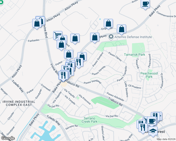 map of restaurants, bars, coffee shops, grocery stores, and more near 21072 Paseo Verdura in Lake Forest