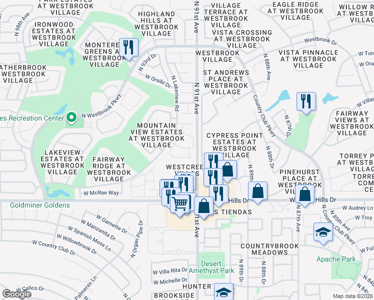 map of restaurants, bars, coffee shops, grocery stores, and more near 9113 West Kimberly Way in Peoria