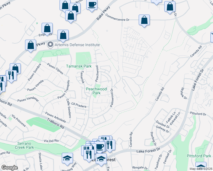 map of restaurants, bars, coffee shops, grocery stores, and more near 21125 Gladiolos Way in Lake Forest