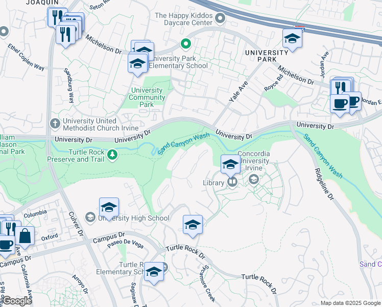 map of restaurants, bars, coffee shops, grocery stores, and more near 25 Misty Meadow in Irvine