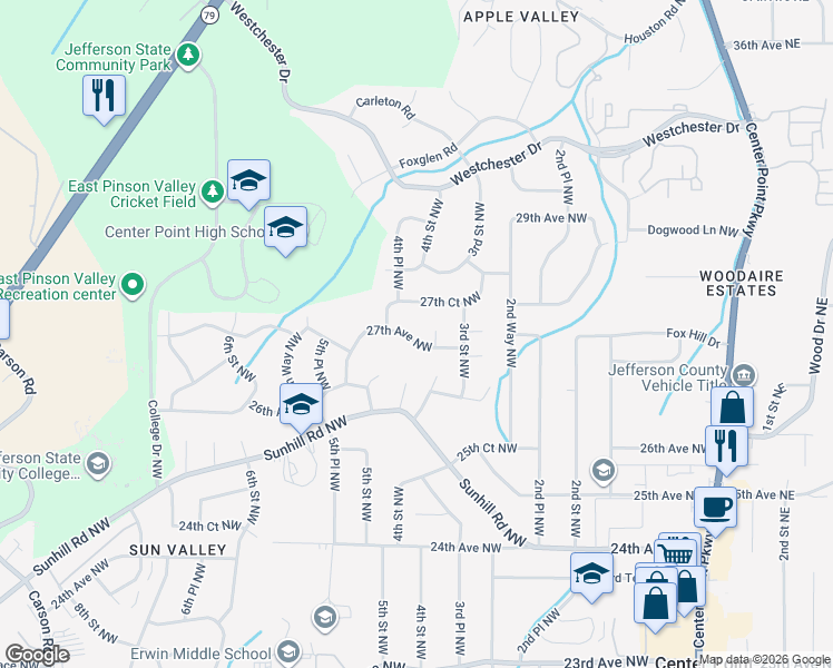 map of restaurants, bars, coffee shops, grocery stores, and more near 320 27th Avenue Northwest in Center Point