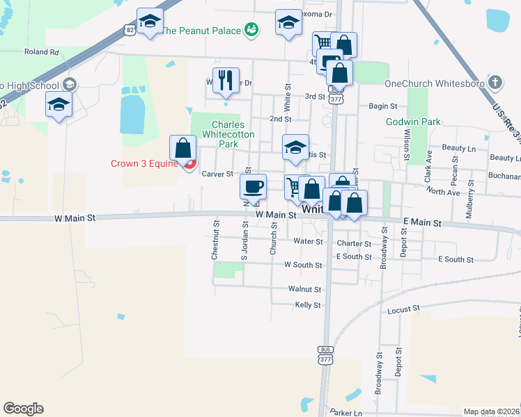 map of restaurants, bars, coffee shops, grocery stores, and more near 306 Hall Street in Whitesboro