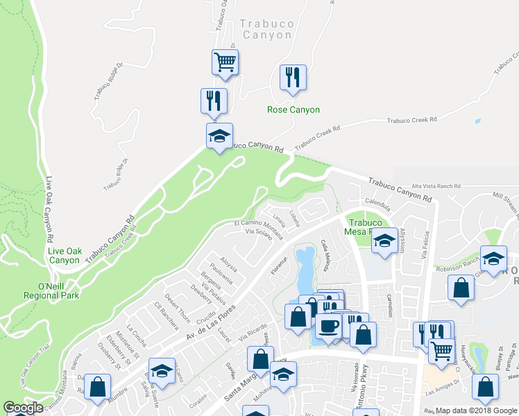 map of restaurants, bars, coffee shops, grocery stores, and more near 19 Aubrieta in Rancho Santa Margarita
