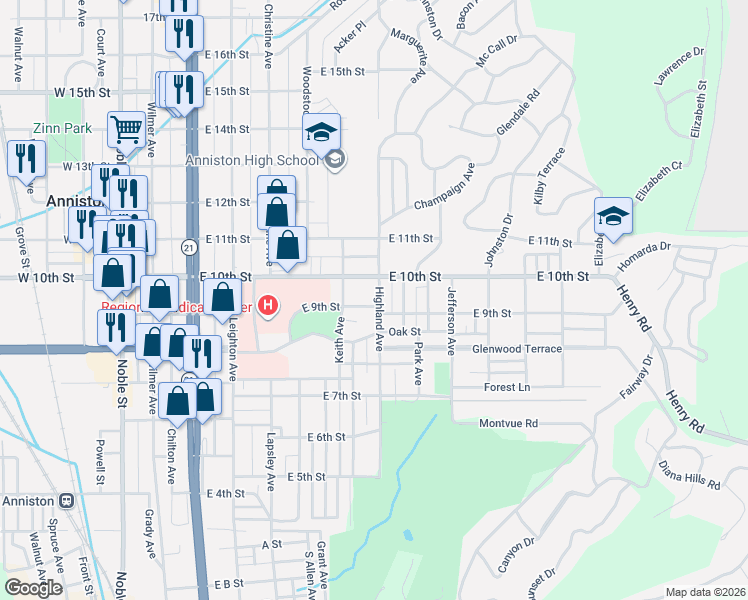 map of restaurants, bars, coffee shops, grocery stores, and more near 716 East 10th Street in Anniston
