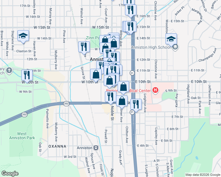 map of restaurants, bars, coffee shops, grocery stores, and more near 930 Noble Street in Anniston