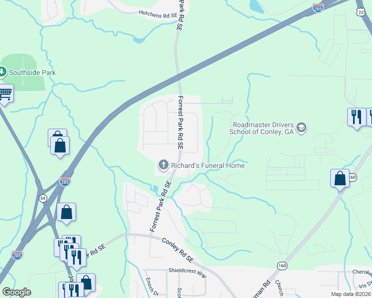 map of restaurants, bars, coffee shops, grocery stores, and more near 1041 Eisenhower Road Southeast in Atlanta