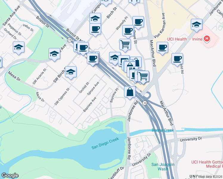 map of restaurants, bars, coffee shops, grocery stores, and more near 118 Baycrest Court in Newport Beach