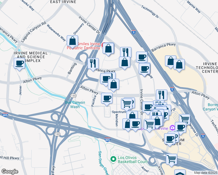 map of restaurants, bars, coffee shops, grocery stores, and more near 15615 Alton Parkway in Irvine