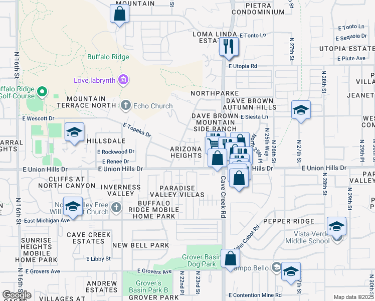map of restaurants, bars, coffee shops, grocery stores, and more near Arizona Heights Circle in Phoenix
