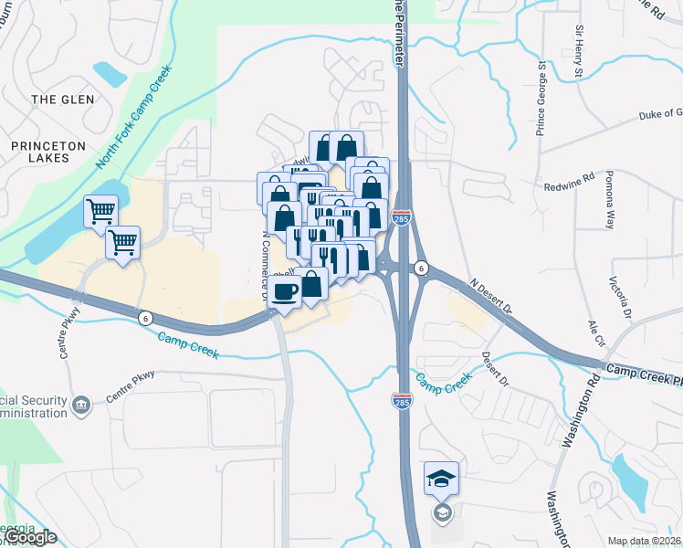 map of restaurants, bars, coffee shops, grocery stores, and more near Camp Creek Parkway in Atlanta