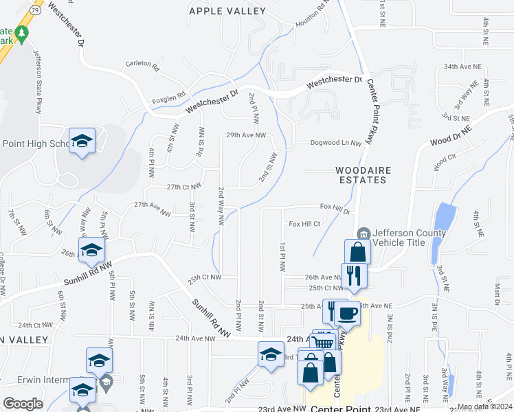 map of restaurants, bars, coffee shops, grocery stores, and more near 2720 2nd Street Northwest in Center Point