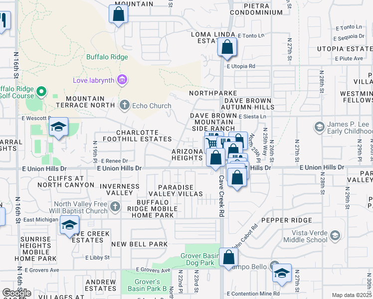 map of restaurants, bars, coffee shops, grocery stores, and more near Arizona Heights Circle in Phoenix
