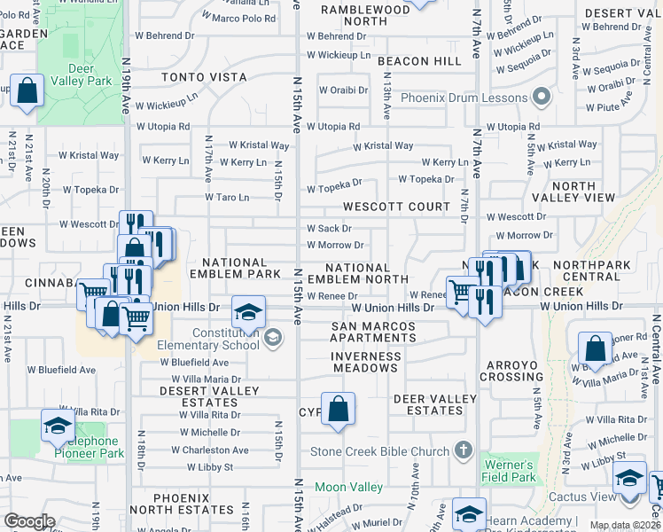 map of restaurants, bars, coffee shops, grocery stores, and more near 1423 West Morrow Drive in Phoenix