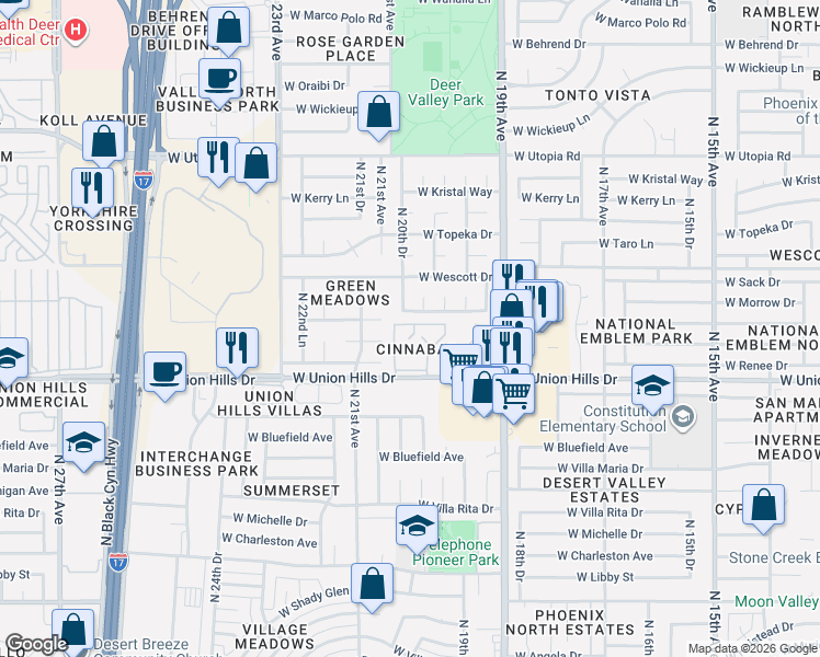 map of restaurants, bars, coffee shops, grocery stores, and more near 18802 North 20th Drive in Phoenix