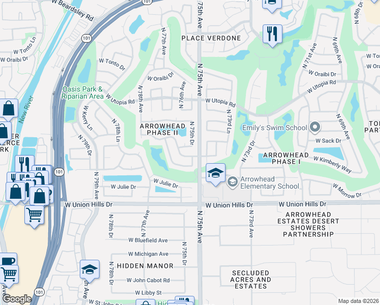 map of restaurants, bars, coffee shops, grocery stores, and more near 19109 North 75th Drive in Glendale