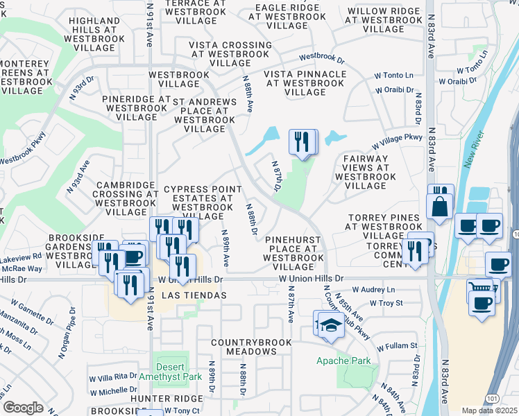 map of restaurants, bars, coffee shops, grocery stores, and more near 8743 West Kimberly Way in Peoria