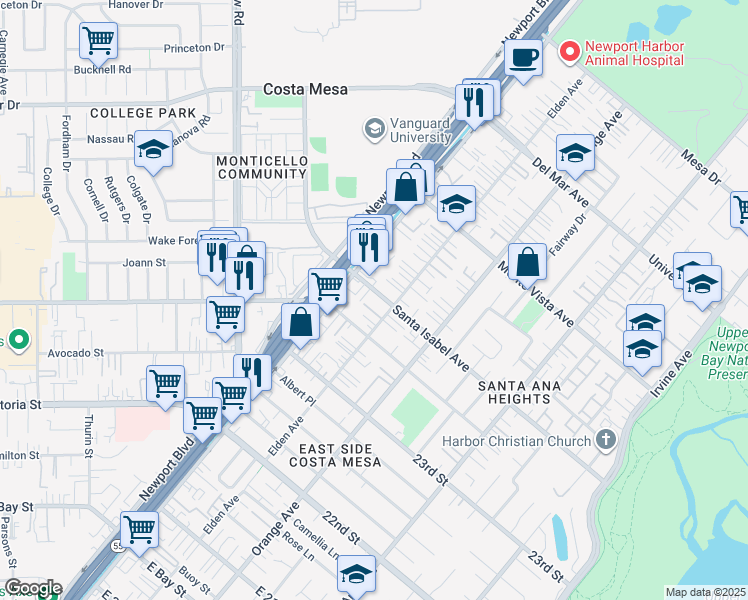 map of restaurants, bars, coffee shops, grocery stores, and more near 126 Santa Isabel Avenue in Costa Mesa