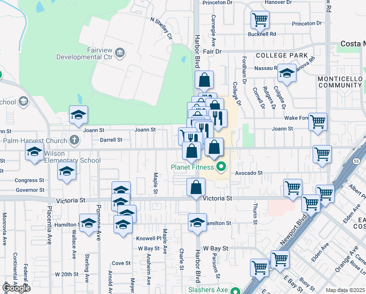 map of restaurants, bars, coffee shops, grocery stores, and more near 2280 Miner Street in Costa Mesa