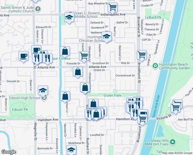map of restaurants, bars, coffee shops, grocery stores, and more near 21052 Red Jacket Circle in Huntington Beach