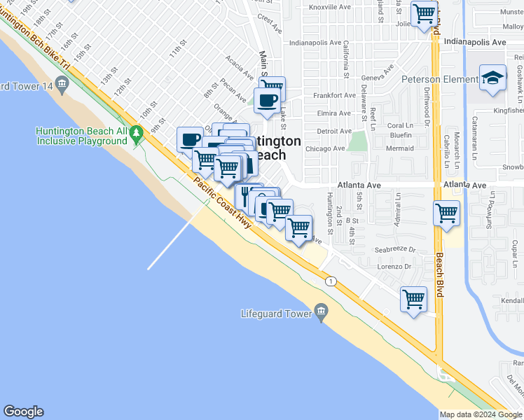 map of restaurants, bars, coffee shops, grocery stores, and more near 220 2nd Street in Huntington Beach