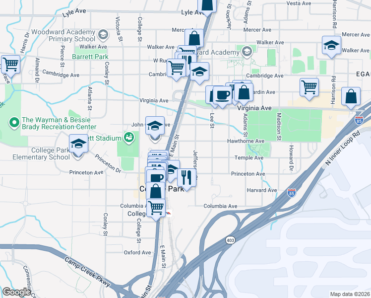 map of restaurants, bars, coffee shops, grocery stores, and more near 1780 Hawthorne Avenue in Atlanta