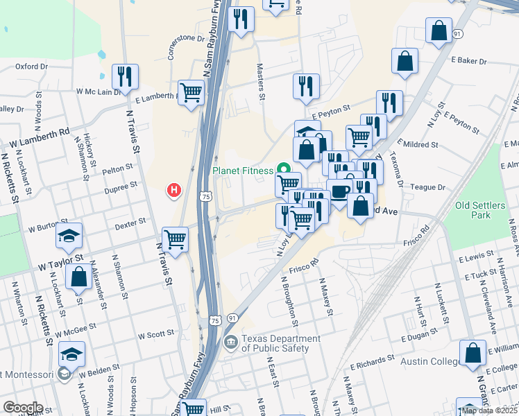 map of restaurants, bars, coffee shops, grocery stores, and more near 705 E Taylor St in Sherman