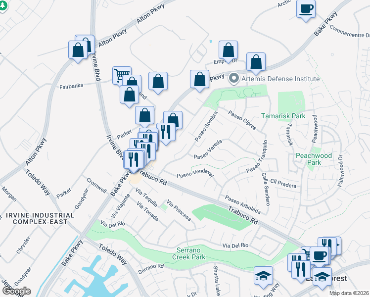 map of restaurants, bars, coffee shops, grocery stores, and more near 21072 Paseo Verdura in Lake Forest