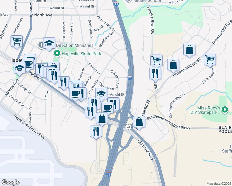 map of restaurants, bars, coffee shops, grocery stores, and more near 201 Victoria Lane in Hapeville