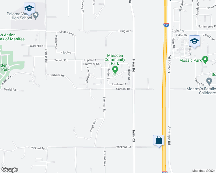 map of restaurants, bars, coffee shops, grocery stores, and more near 31989 Harden Street in Menifee