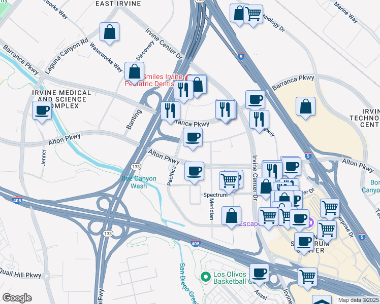 map of restaurants, bars, coffee shops, grocery stores, and more near 15635 Alton Parkway in Irvine