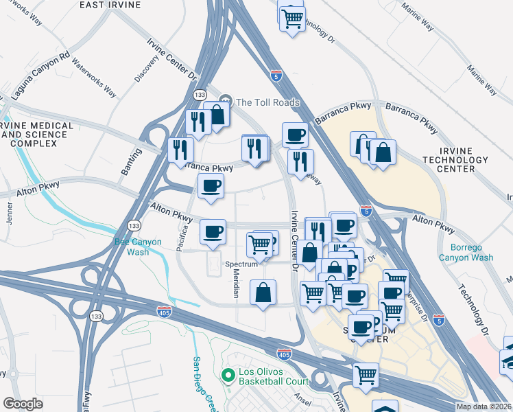 map of restaurants, bars, coffee shops, grocery stores, and more near 7725 Gateway in Irvine