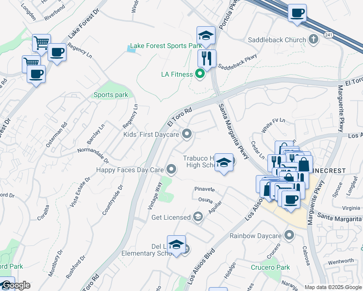 map of restaurants, bars, coffee shops, grocery stores, and more near 21076 Cranbridge Drive in Lake Forest