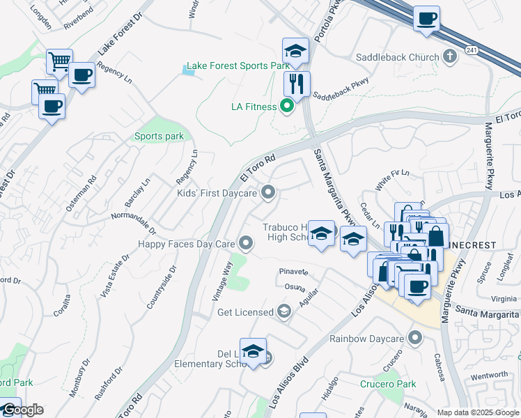 map of restaurants, bars, coffee shops, grocery stores, and more near 21076 Cranbridge Drive in Lake Forest