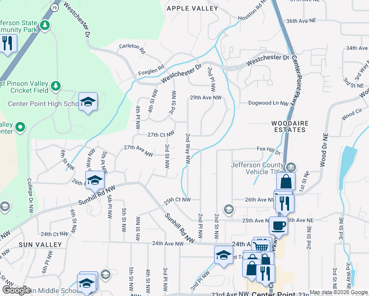 map of restaurants, bars, coffee shops, grocery stores, and more near 2700 2nd Way Northwest in Center Point