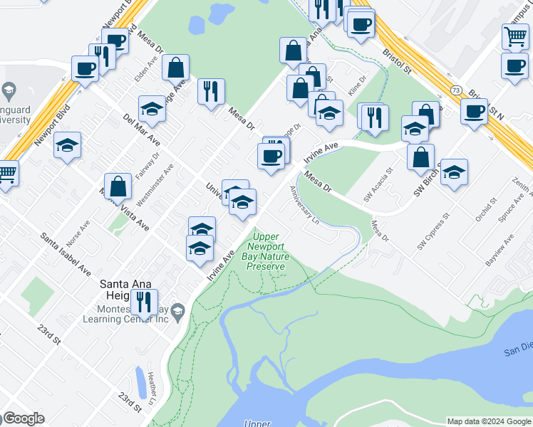 map of restaurants, bars, coffee shops, grocery stores, and more near 2514 University Drive in Newport Beach