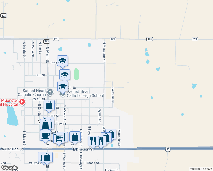 map of restaurants, bars, coffee shops, grocery stores, and more near 808 North Mesquite Street in Muenster