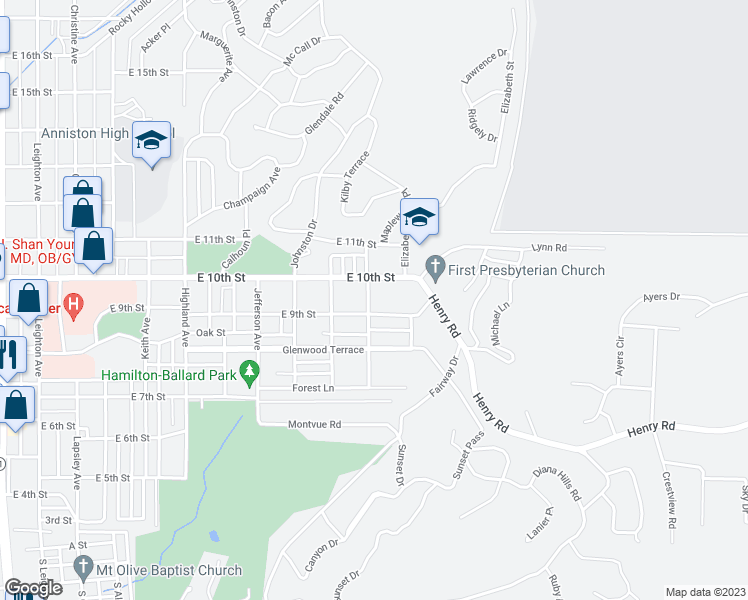 map of restaurants, bars, coffee shops, grocery stores, and more near 913 Maplewood Place in Anniston