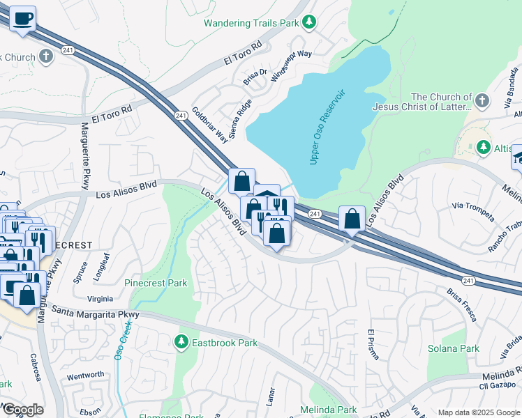 map of restaurants, bars, coffee shops, grocery stores, and more near 28601 Los Alisos Boulevard in Mission Viejo