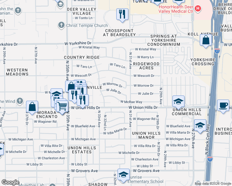 map of restaurants, bars, coffee shops, grocery stores, and more near 3151 West Morrow Drive in Phoenix