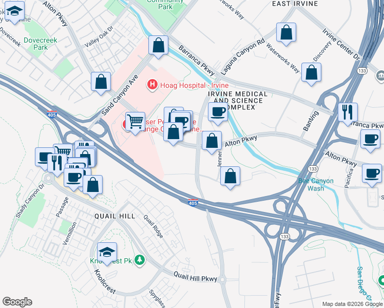 map of restaurants, bars, coffee shops, grocery stores, and more near 16355 Laguna Canyon Road in Irvine