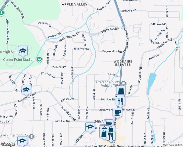 map of restaurants, bars, coffee shops, grocery stores, and more near 114 27th Court Northwest in Center Point